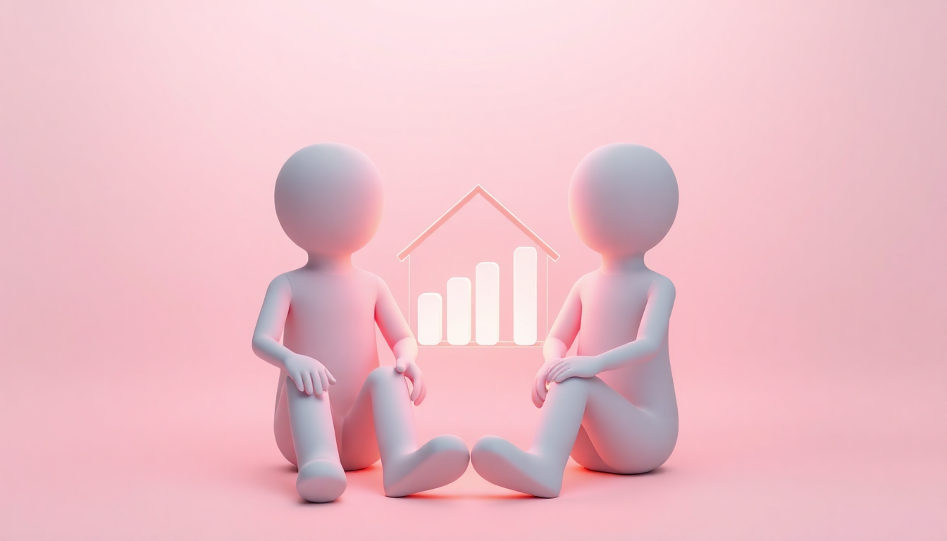 2인 가구 기초생활수급자 급여 인상 상황과 가구원 수 변화를 표현한 매트 플라스틱 3D 모델과 예산 차트 장면