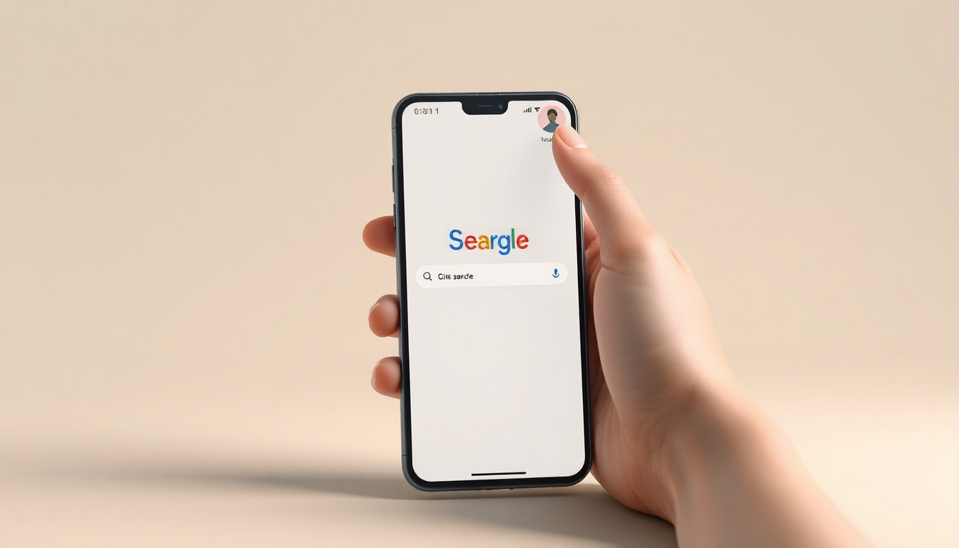 휴대폰에서 구글 검색 기록 삭제를 위해 프로필 아이콘을 터치하는 손을 클레이 질감과 부드러운 3D 렌더링으로 표현한 장면