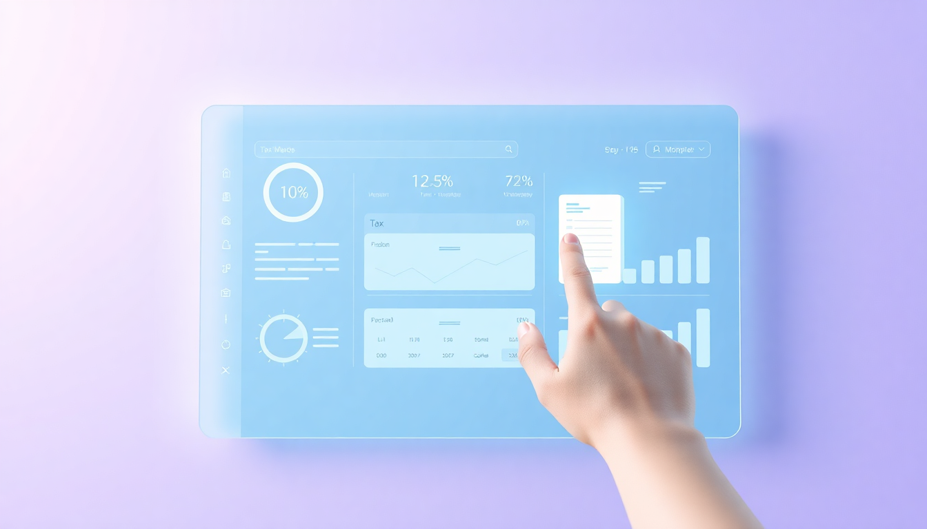 현대적인 디지털 대시보드에서 손이 투명한 터치스크린을 조작하며 간편한 온라인 세금 신고 과정을 수행하는 모습, 명료하고 간소화된 세금 서류 화면을 부드러운 파스텔 톤 배경과 소프트한 3D 클레이 질감으로 표현함