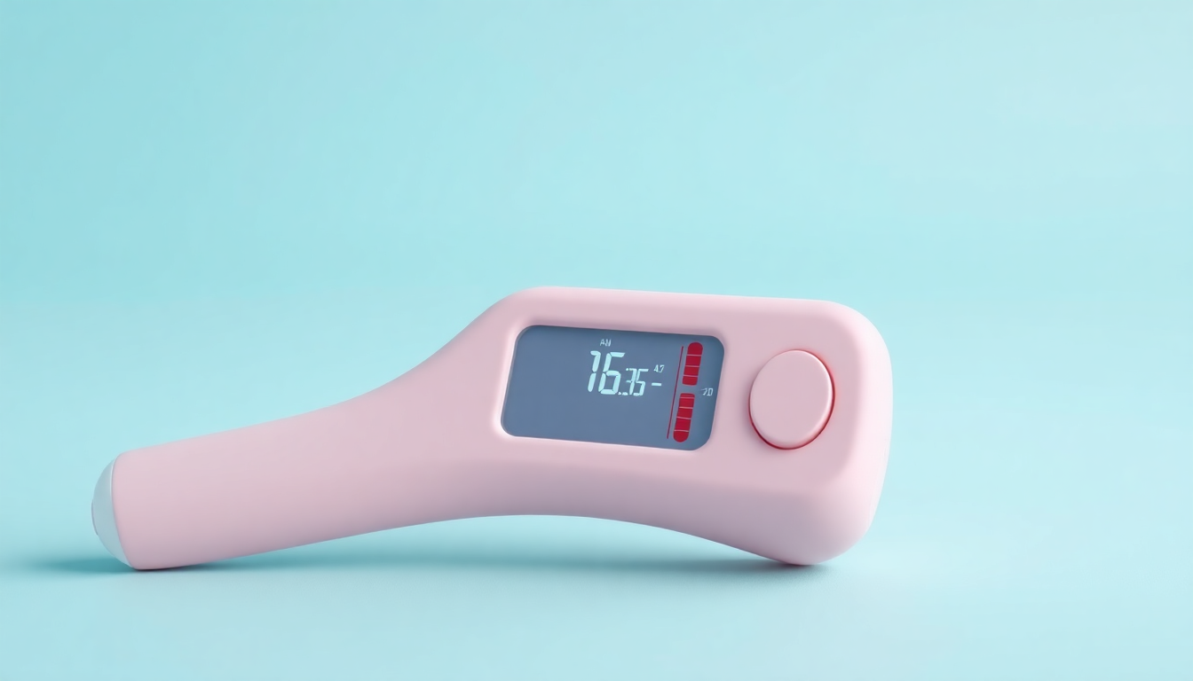 아이의 연령별 정상 및 고열 기준 체온을 나타내는 디지털 온도계 3D 렌더링 이미지