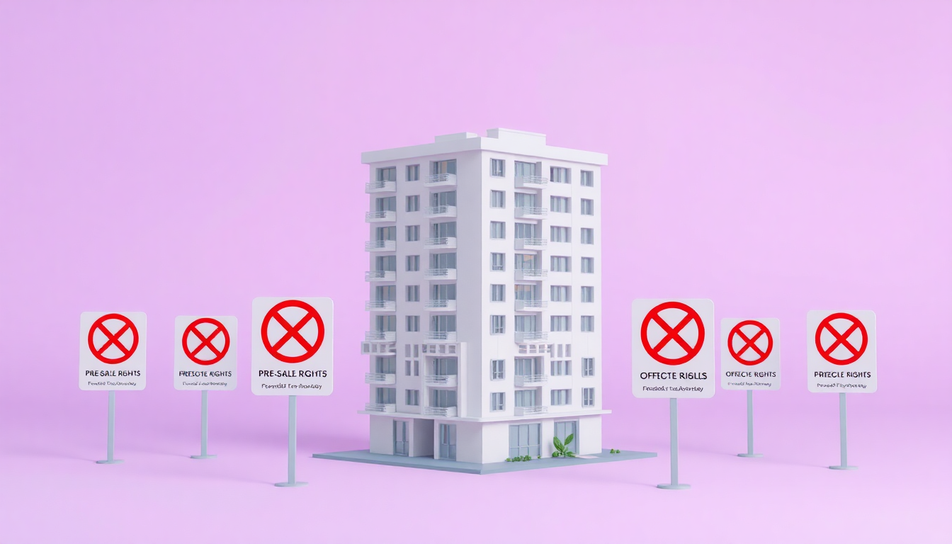 분양권과 오피스텔 등 취득세 감면 제외 대상을 나타내는 현대 아파트 건물과 금지 표시가 있는 3D 클레이 이미지