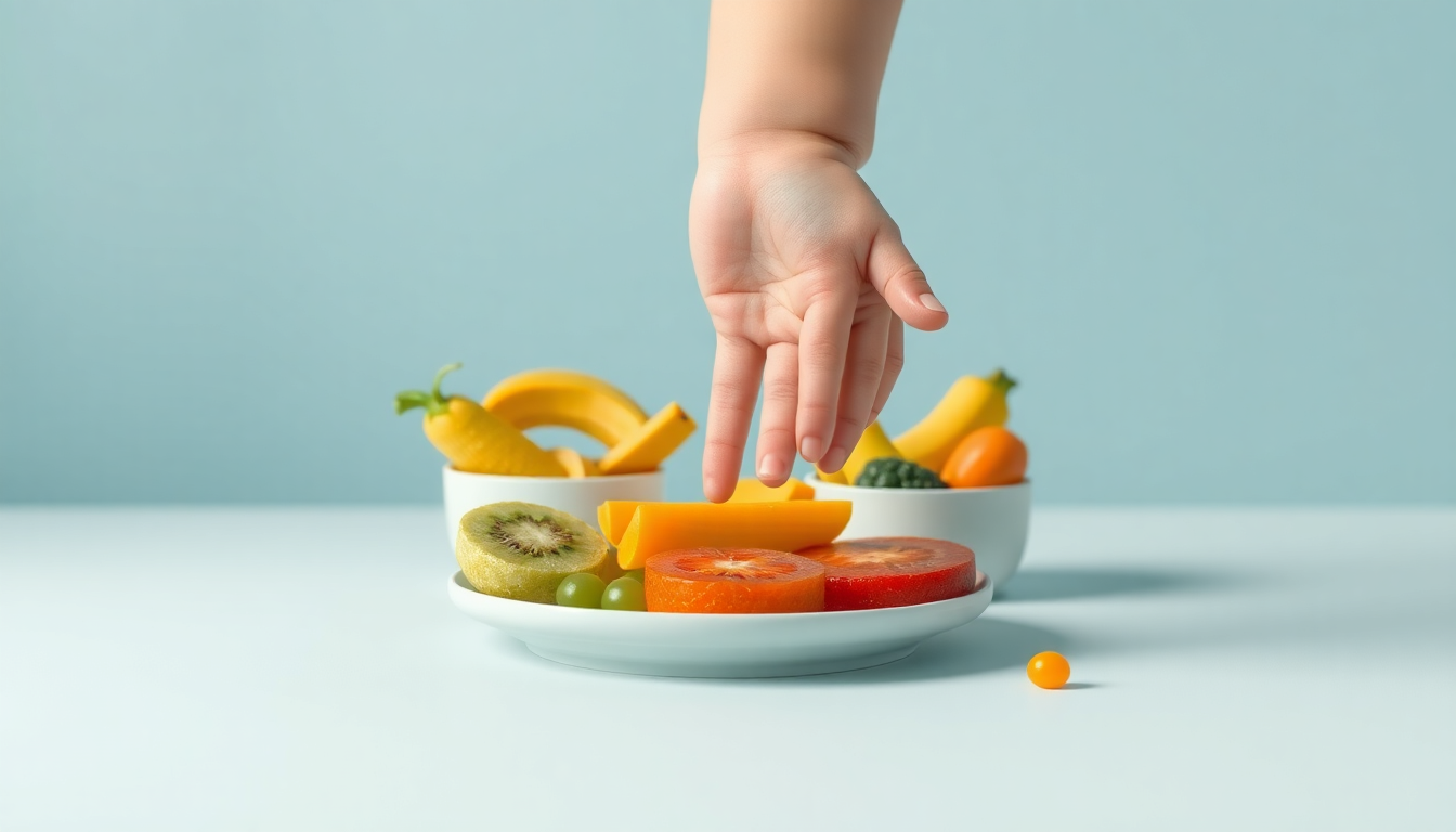 아기가 이유식을 시작할 준비를 알리는 발달 신호를 손으로 탐색하며 표현한 부드러운 3D 클레이 스타일의 장면