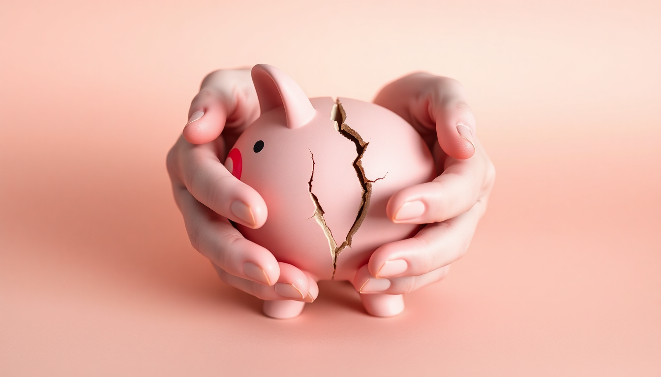 파산 신청의 숨겨진 진실과 불이익을 그림자진 균열이 있는 돼지저금통을 손으로 감싸는 모습으로 표현한 이미지