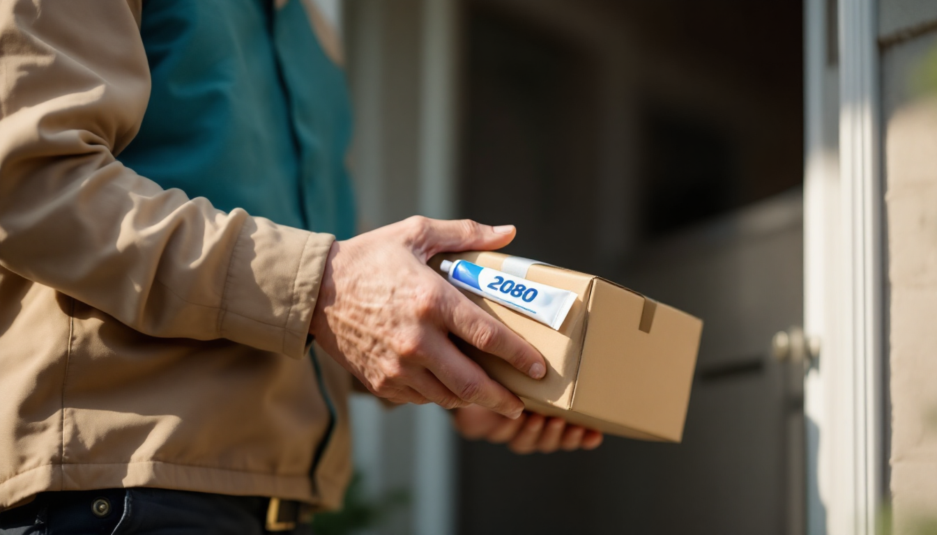 택배 기사가 고객 집 앞에서 치약 튜브가 담긴 소포를 수거하는 모습