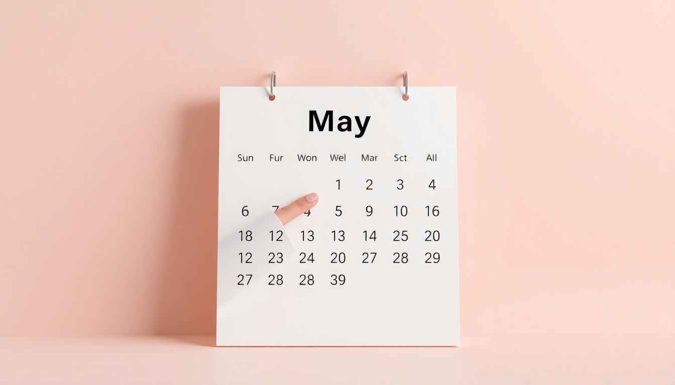 해외주식 양도소득세 신고 기한인 5월 한 달을 강조하는 3D 렌더링 이미지, 손이 날짜를 가리키는 모습