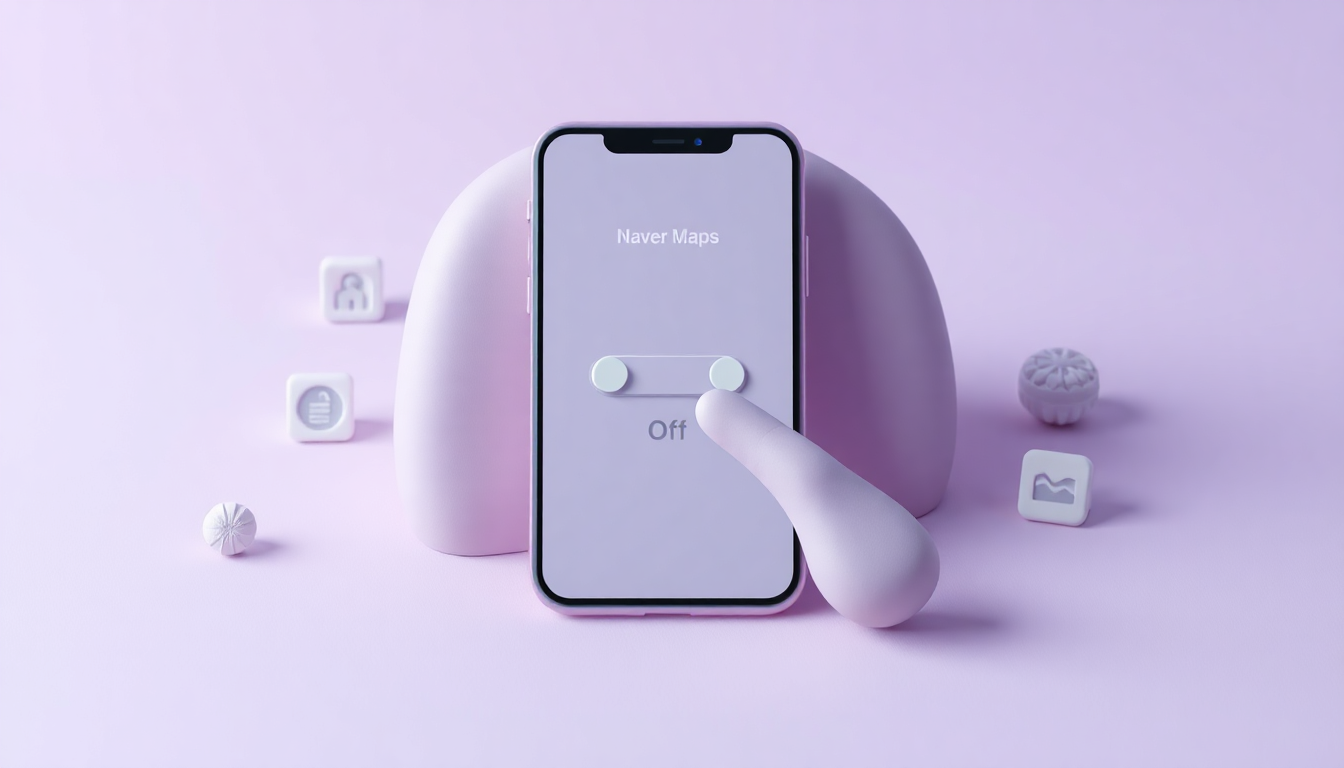 네이버지도 운전점수 기능 끄기 과정을 부드러운 클레이 손과 스마트폰 화면 토글 스위치로 표현, 개인정보와 할인 혜택 상실을 은유적으로 나타냄