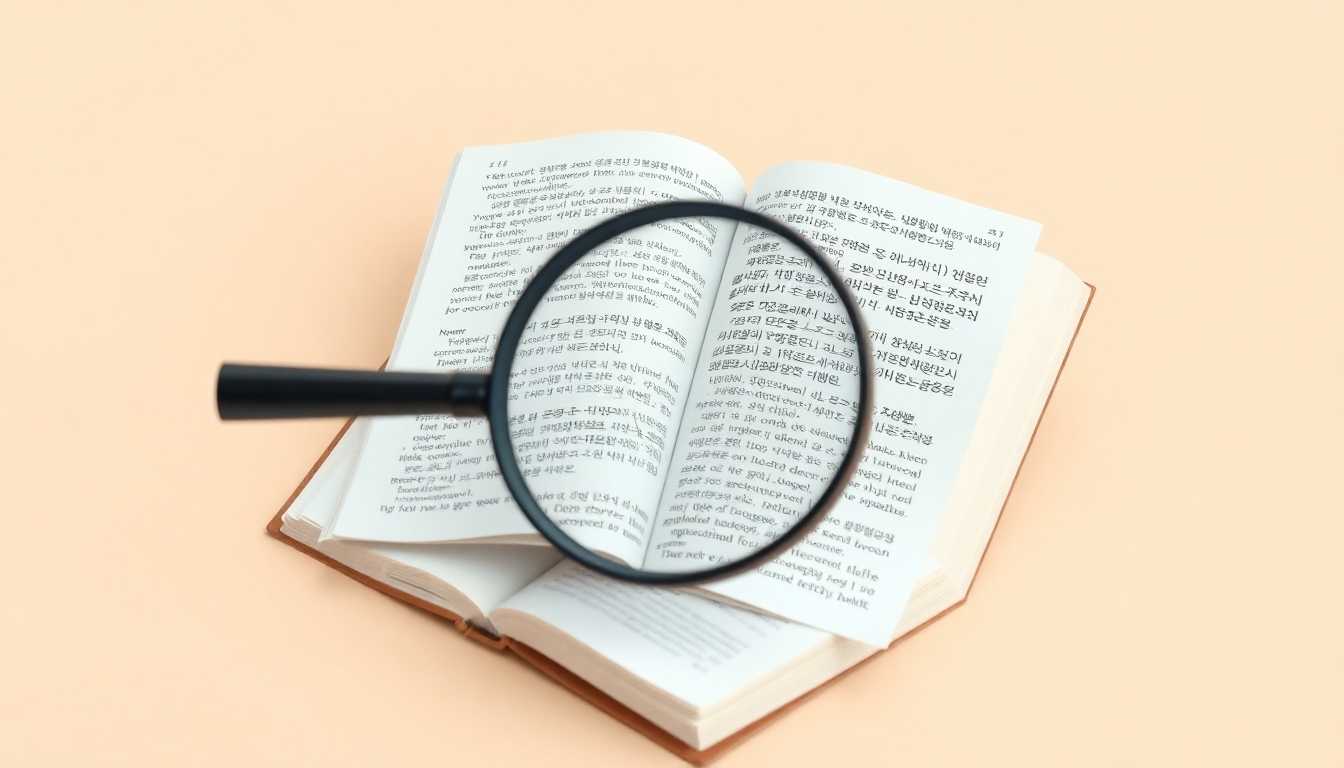 국어 해설지 약점 분석법을 세심한 독해와 분석으로 표현한 돋보기와 책 페이지 장면