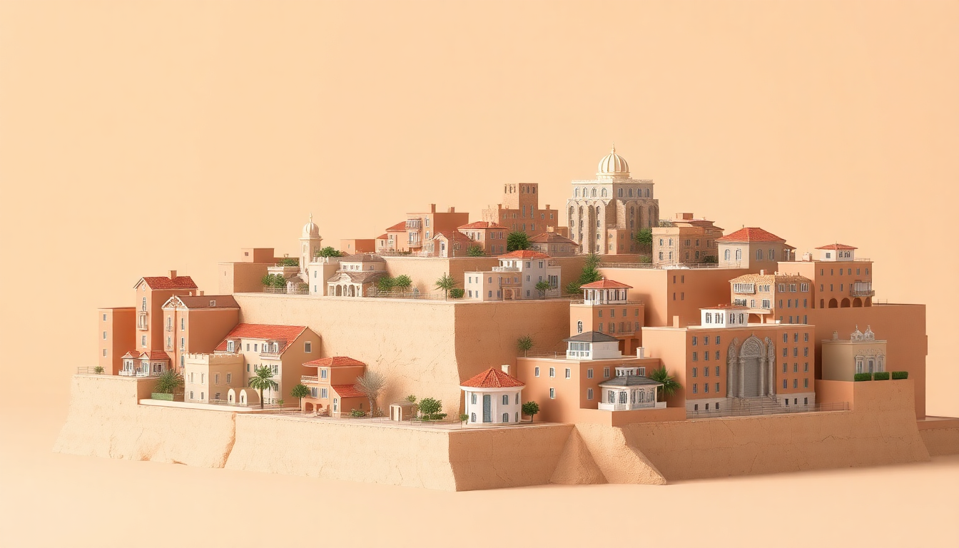 지역별 및 유형별 주택 수 제외를 설명하는, 저가 주택과 오피스텔 등의 예외 주택 유형이 시각화된 부드러운 클레이 질감 도시경관