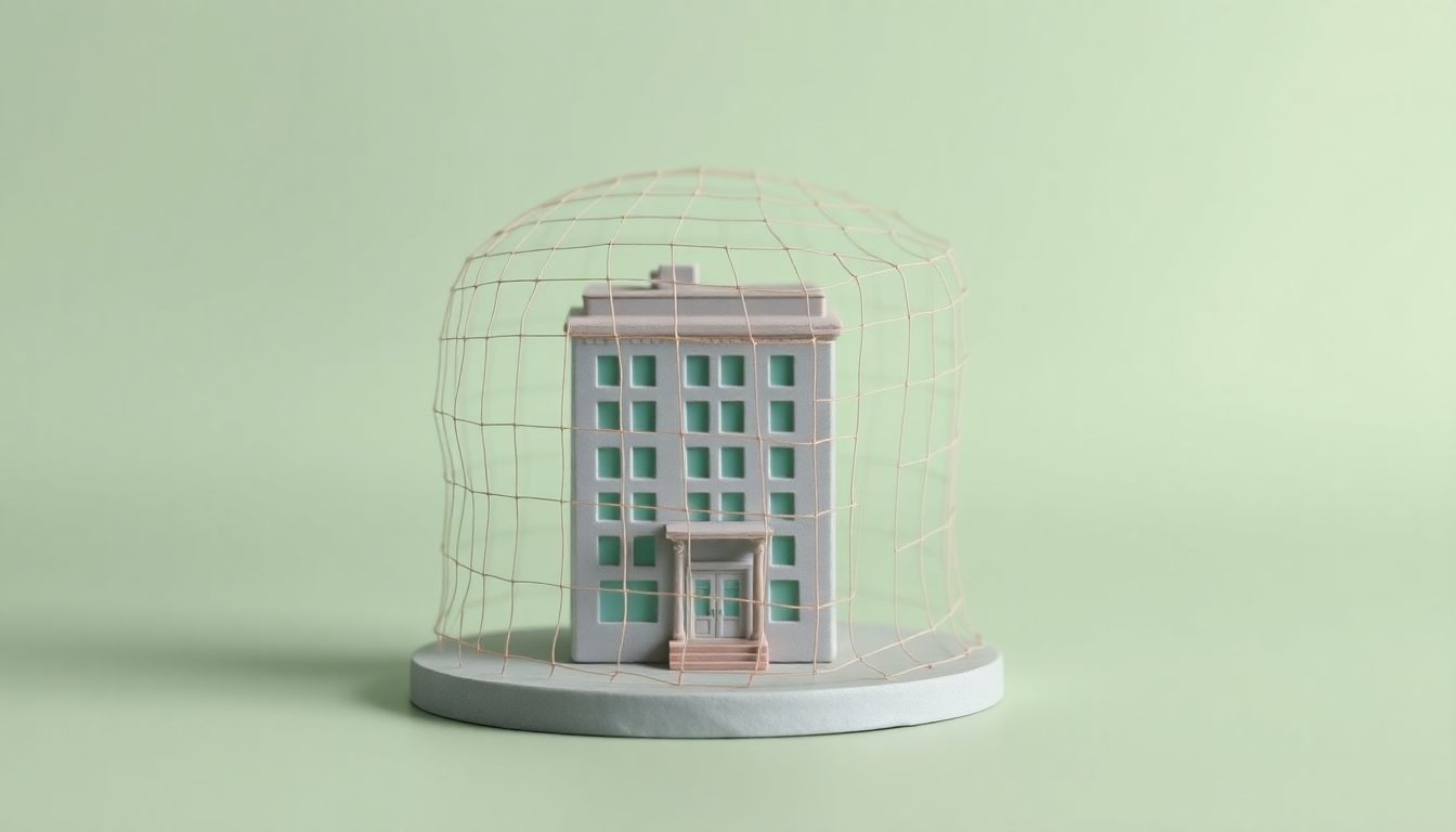 퇴직연금 운용 시 회사의 운용 책임과 규제를 투명한 안전망으로 보호되는 회사 건물을 클레이 재질로 표현한 이미지