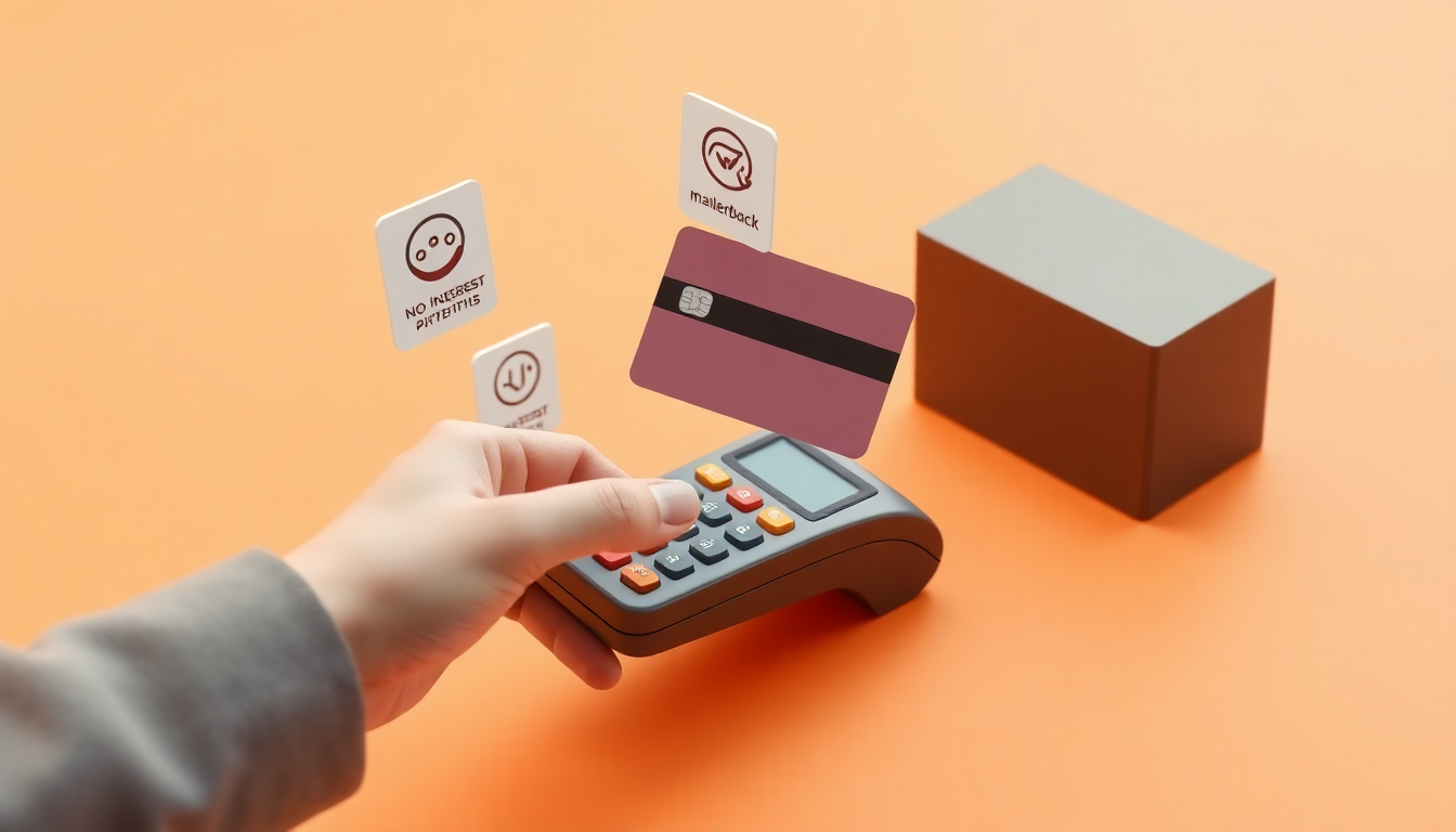 카드 납부 및 혜택 활용을 상징하는 신용카드를 디지털 결제 단말기 위에 들고 있는 손의 3D 장면