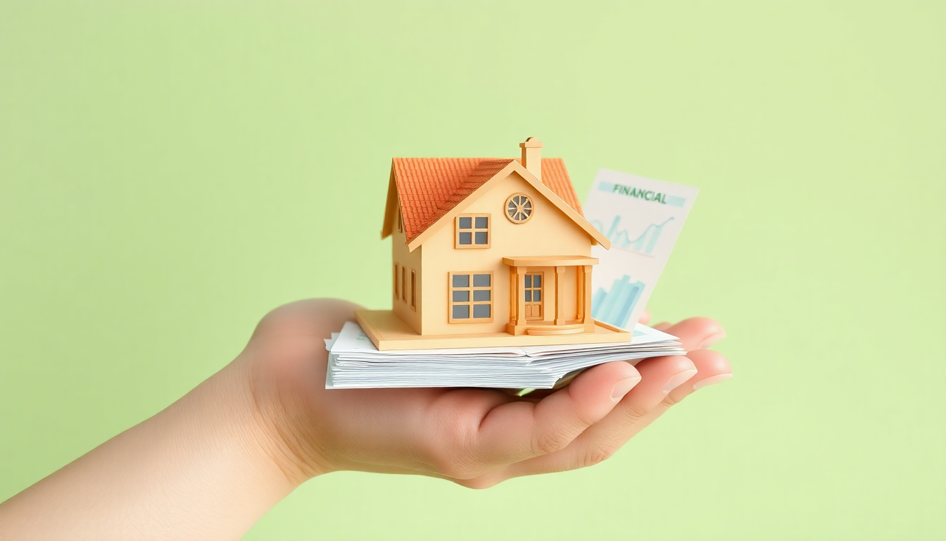 내 집 마련 대출 전략을 시각화한, 손 위에 대출 정보와 금융 그래프가 겹쳐진 주택 모형의 부드러운 3D 클레이 표현