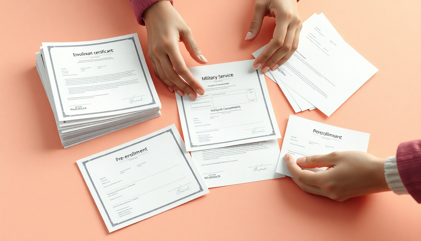 학생예비군 신청을 위해 필요한 서류들을 정리하고 준비하는 손과 서류 이미지
