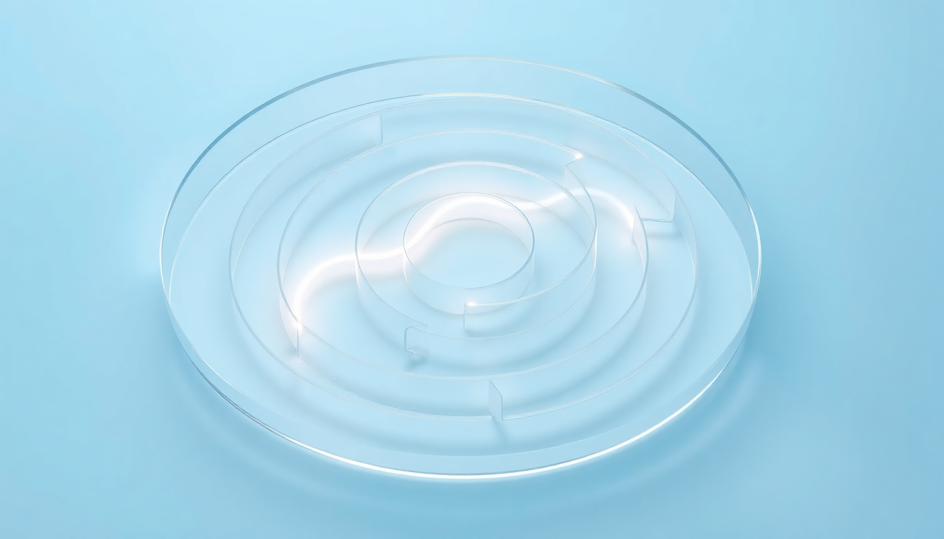 복잡한 절차와 도전을 상징하는 빛나는 길이 나 있는 세련된 유리 미로의 부드러운 3D 렌더링으로, 깔끔한 파스텔 블루 배경에 배치됨