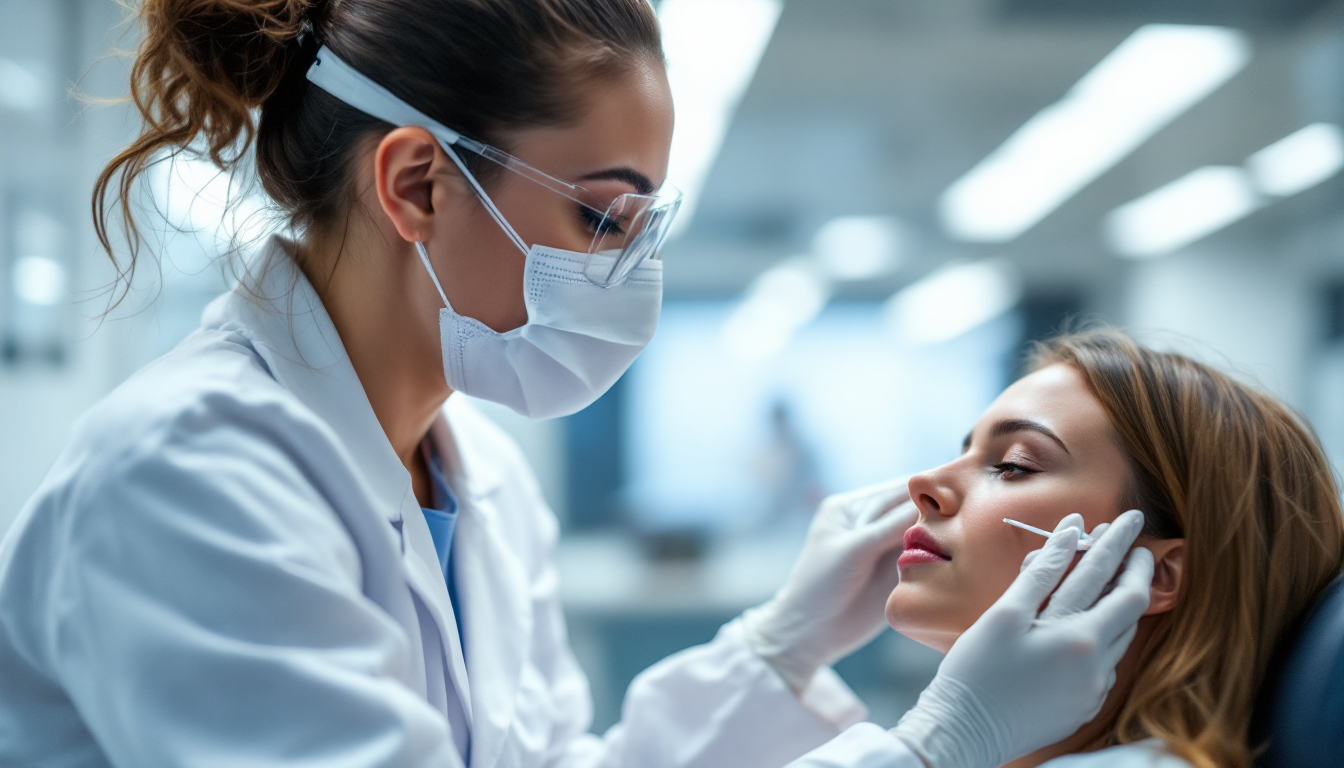 병원에서 신속항원검사나 PCR 비강 면봉 검사를 받는 진료 장면