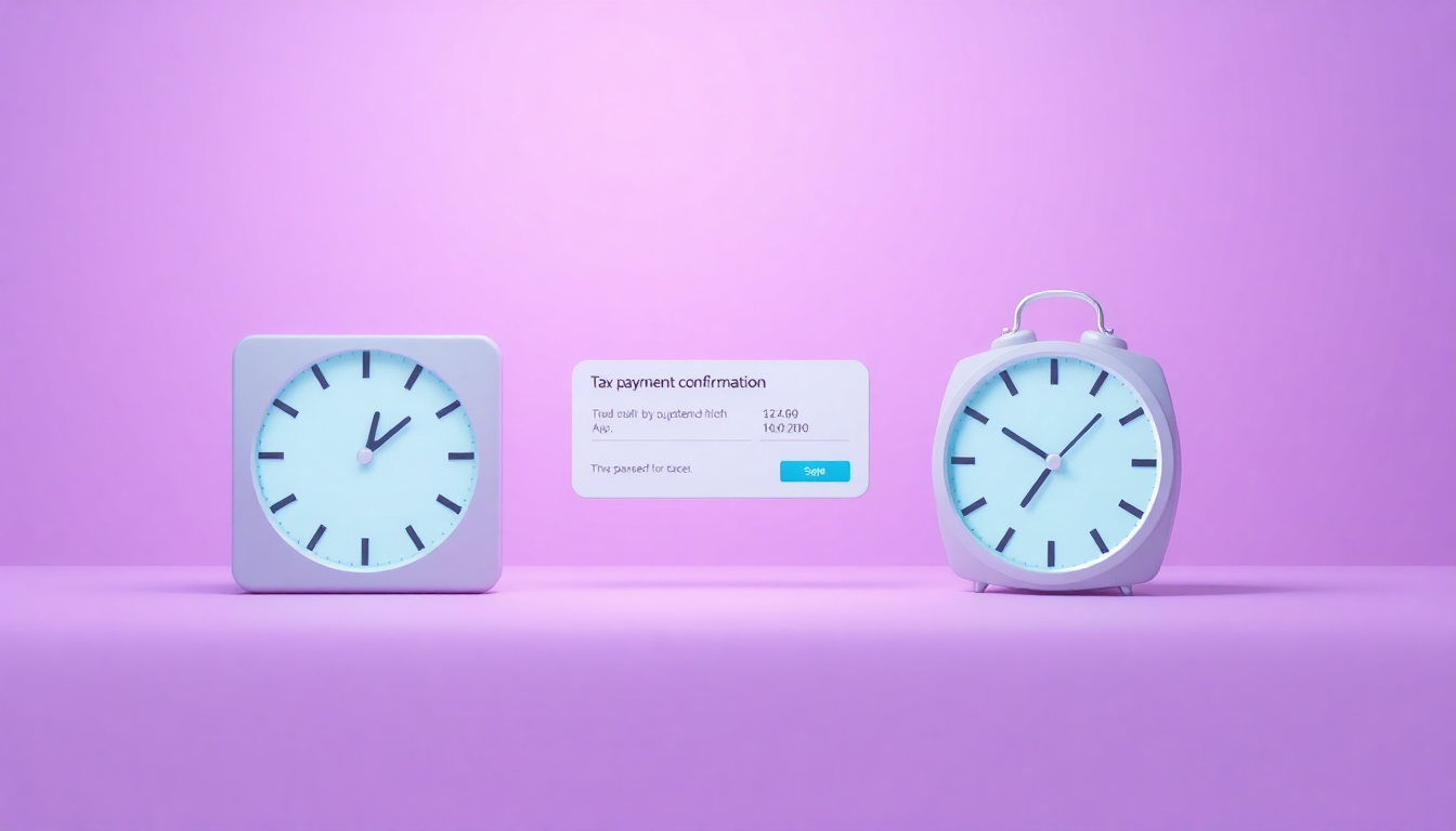 세금 납부 후 시스템별 반영 시간이 다르다는 점을 시계와 함께 즉시 및 지연 반영 상태로 표현한 시각적 은유