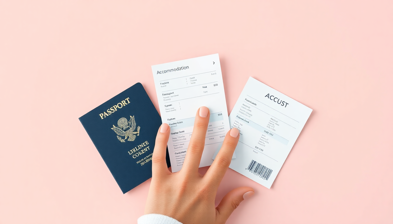 여권, 항공권, 숙소 정보 등 필수 준비물을 손이 정리하는 모습을 부드럽고 세련된 3D 클레이 질감으로 표현한 이미지