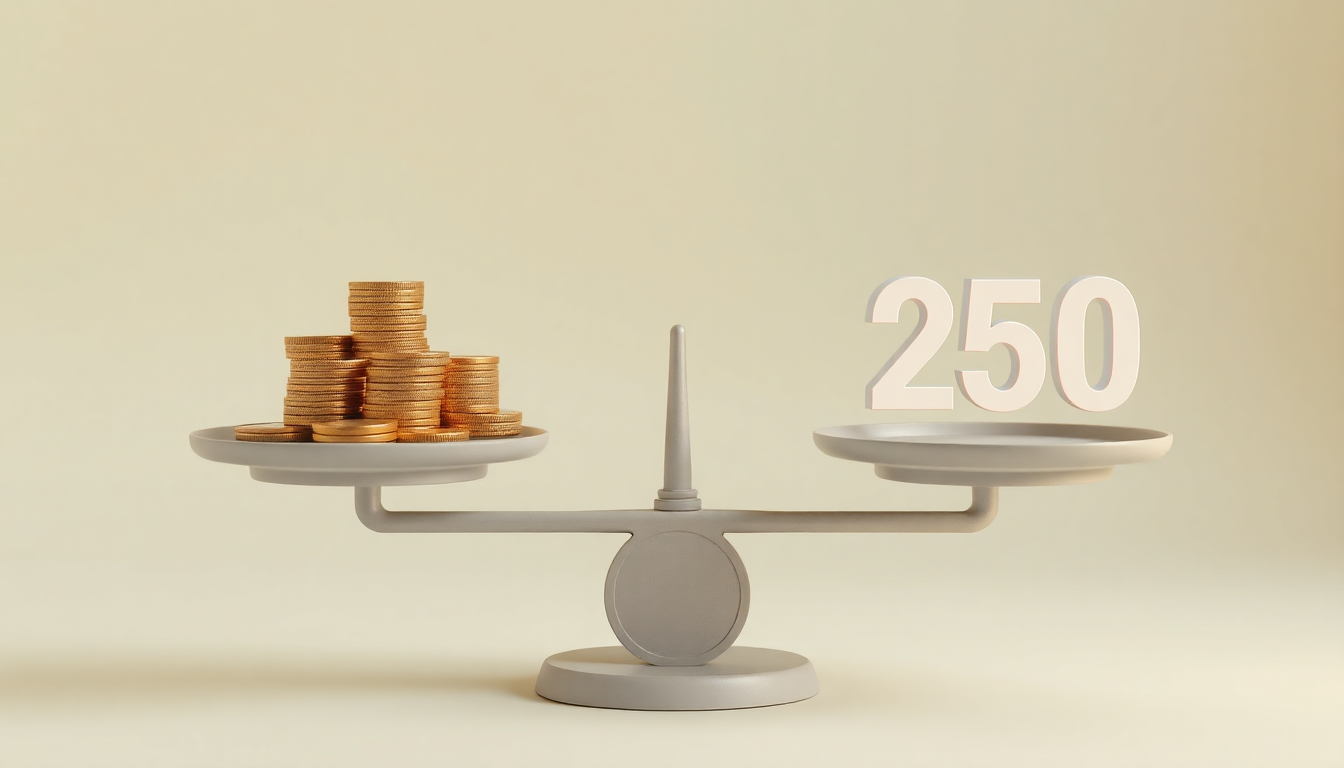 250만원 비과세 기준을 상징하는 균형저울과 그 위에 수익과 기본 공제를 은유적으로 표현한 3D 클레이 모델