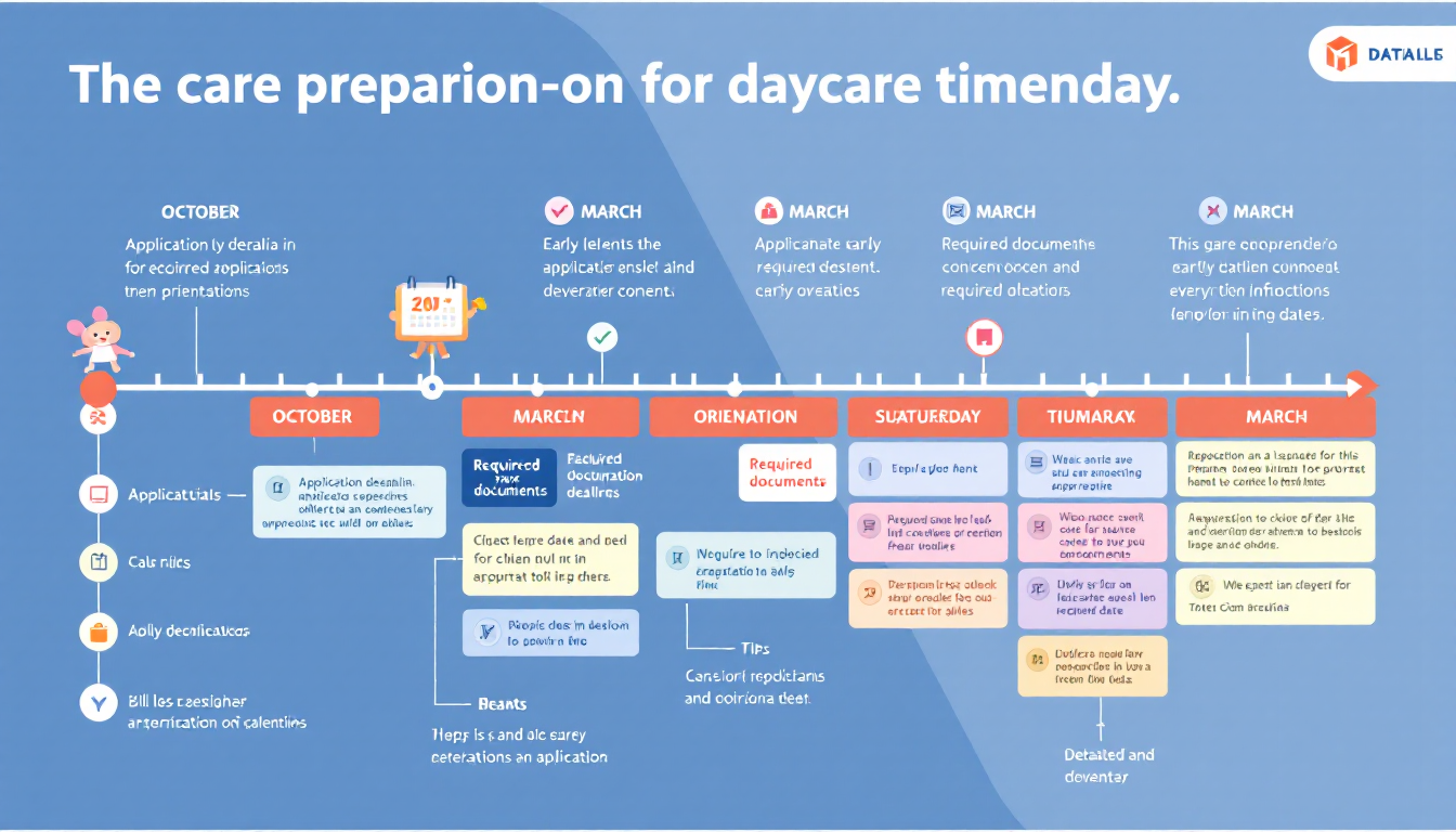 어린이집 입소 신청을 위한 중요한 준비 기간을 보여주는 타임라인 인포그래픽