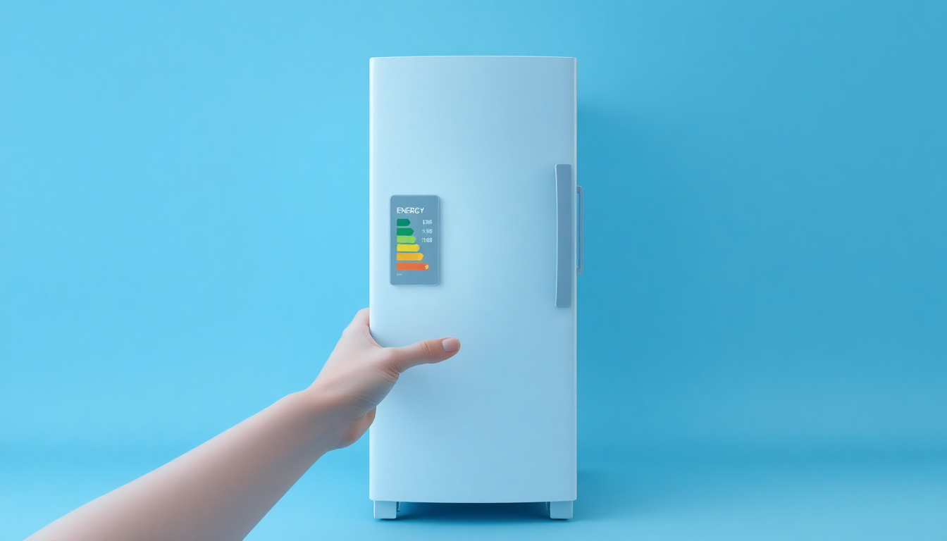 2026년 주요 변경점에서 에너지 소비효율이 높은 1등급 가전제품을 손에 든 장면을 부드러운 3D 렌더링과 단색 배경으로 표현