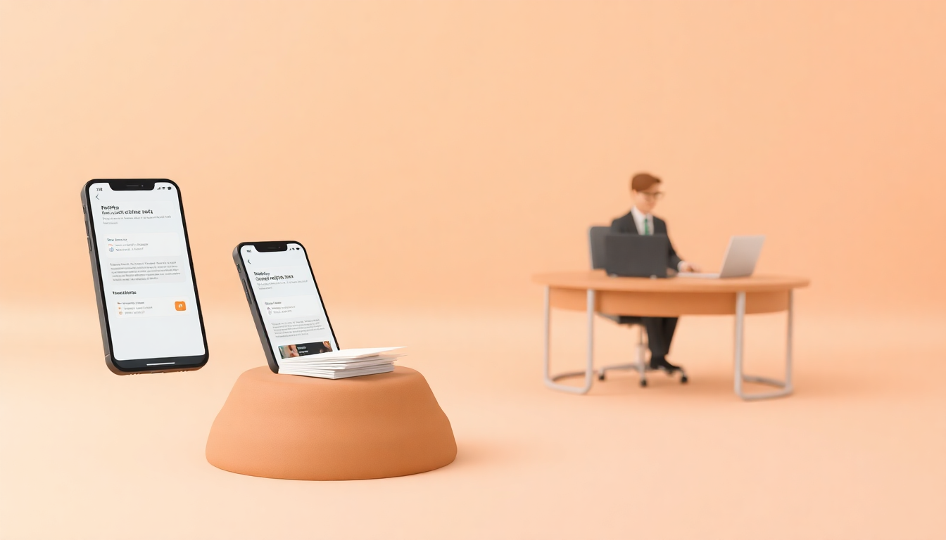 신고 처리 절차를 나타내는 모바일 기기에서 관공서로 알림이 전달되고 담당 공무원이 검토하는 순서도를 부드러운 3D 클레이 스타일로 표현한 이미지.