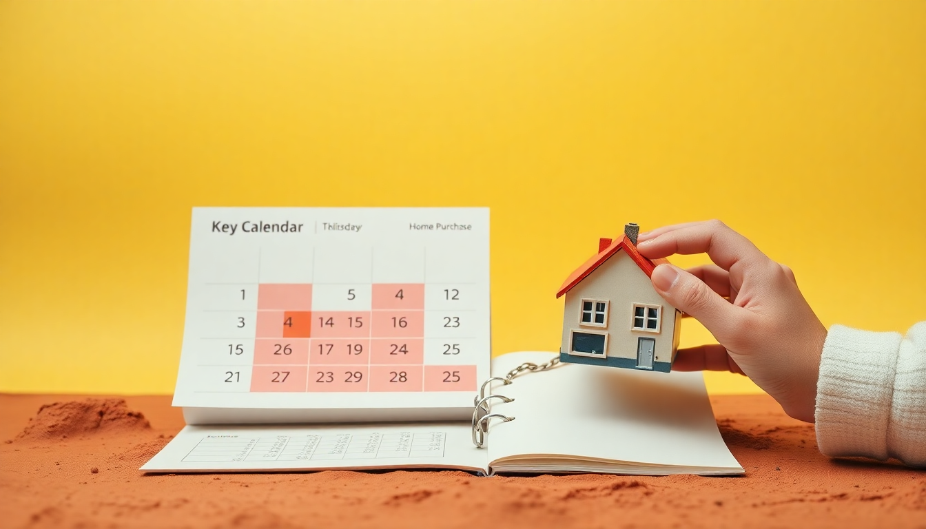 출산과 주택 취득 시점 조건을 설명하는 달력과 미니어처 집을 손으로 움직이는 클레이 텍스처 이미지