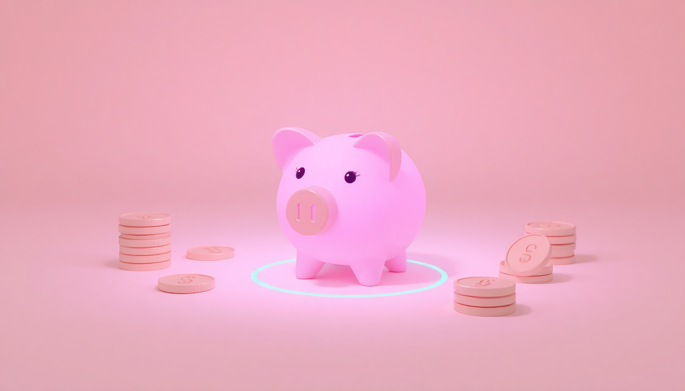 ETF 투자 수수료 절약을 나타내는 보호막으로 둘러싸인 빛나는 저금통과 주변의 코인 및 수수료 아이콘