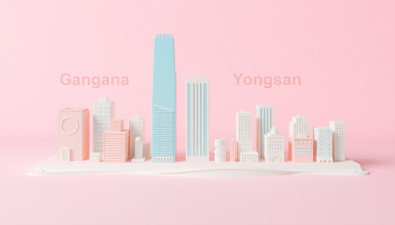 조정대상지역과 비조정대상지역을 상징하는 강남 3구와 용산구는 선명한 파스텔 컬러로, 그 외 지역은 부드러운 파스텔 톤으로 구분된 미니멀한 3D 도시 풍경 모델