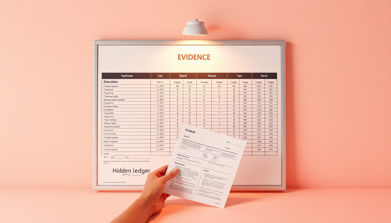 결정적 증거가 승패를 결정한다는 내용을 반영한 국세청이 인정하는 구체적 증거를 나타내는 장부와 문서가 부드러운 조명 아래 배치된 3D 이미지