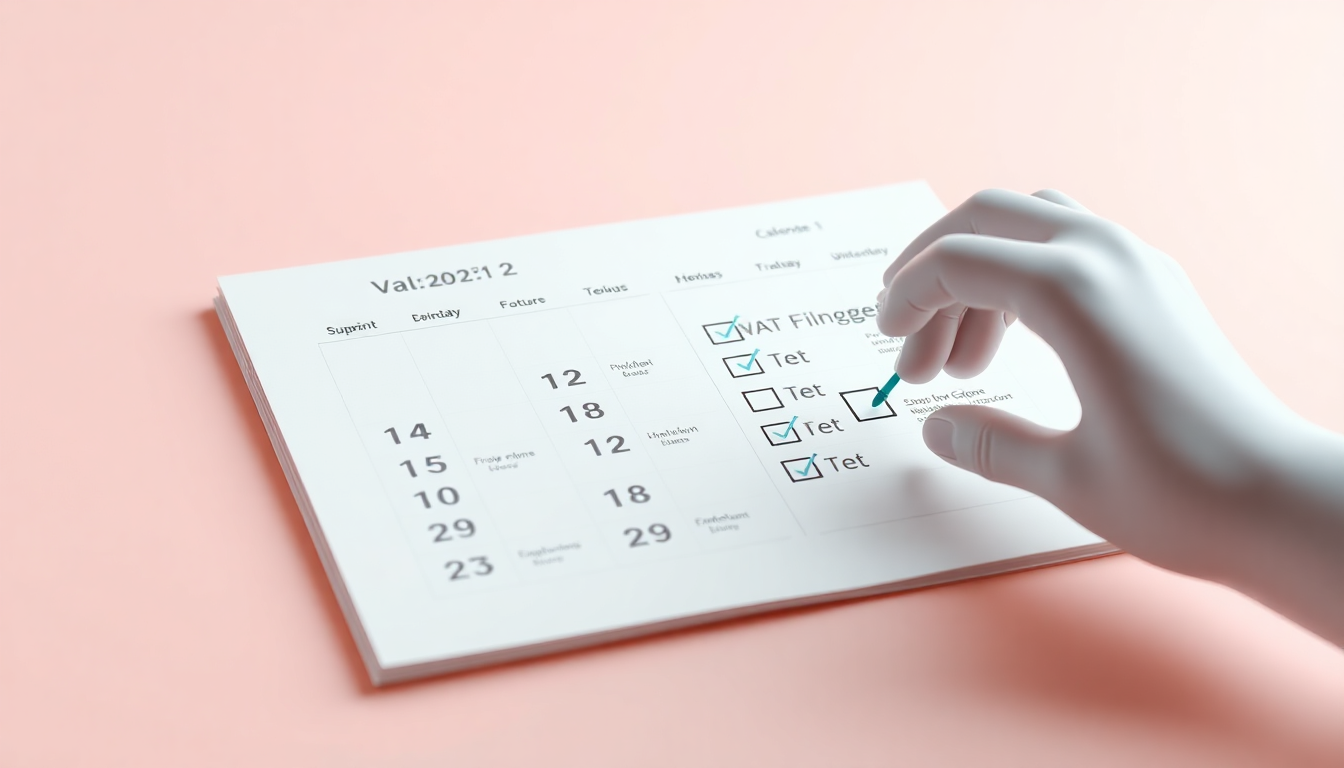 부가세 신고 기간과 신고 대상의 주요 일정을 나타내는 캘린더와 체크리스트를 부드러운 3D 렌더링으로 표현한 장면