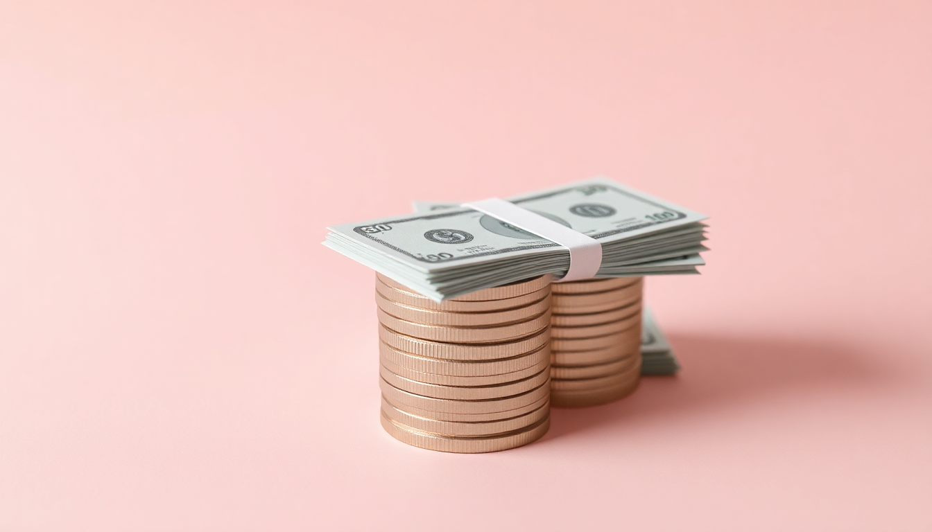 발급 수수료 비용의 경제성을 상징하는 동전과 지폐의 미니멀리즘 3D 렌더링 이미지