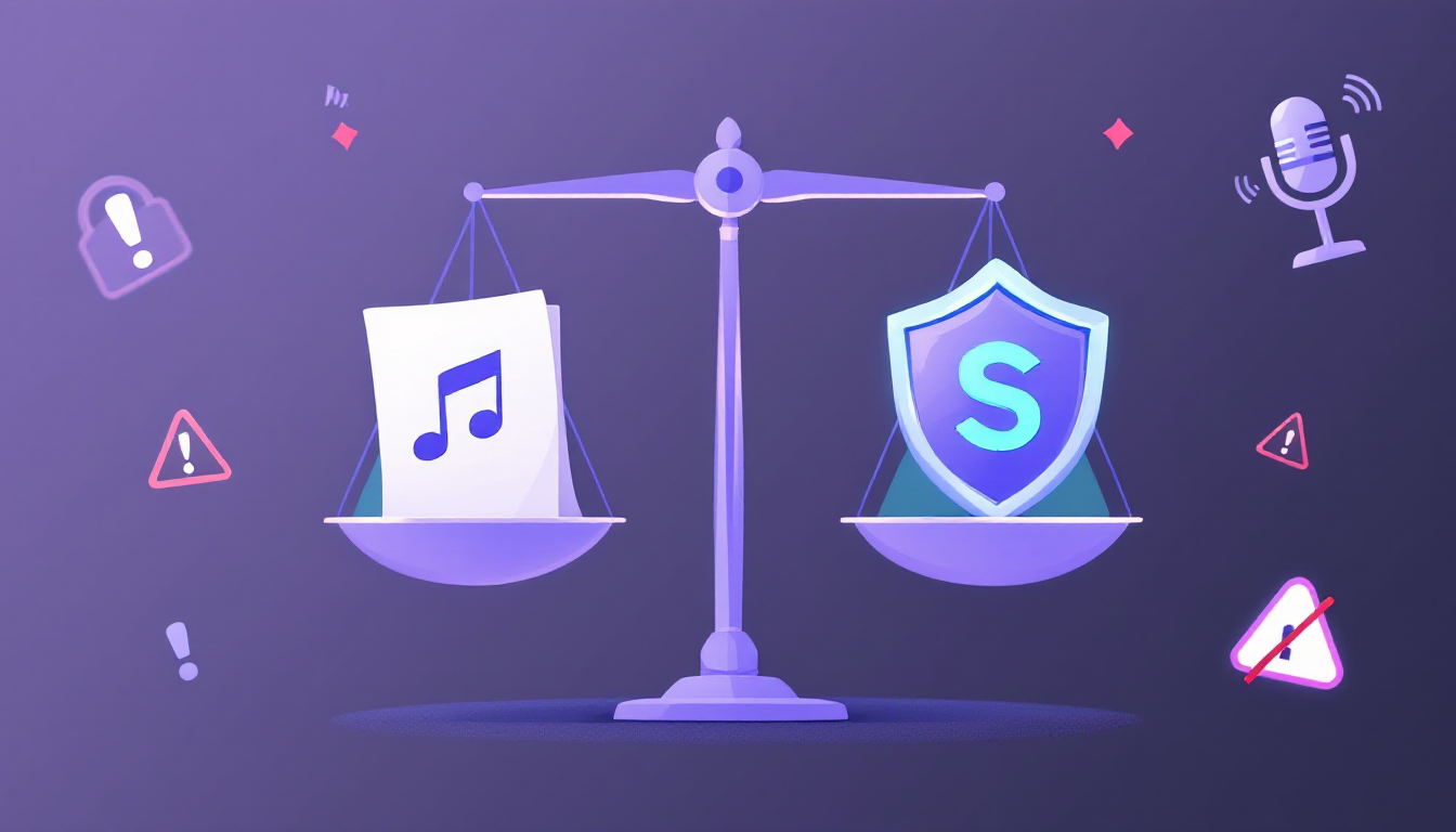 유튜브 음원 추출과 관련된 법적·윤리적 책임과 보안 위험을 상징적으로 표현한 이미지