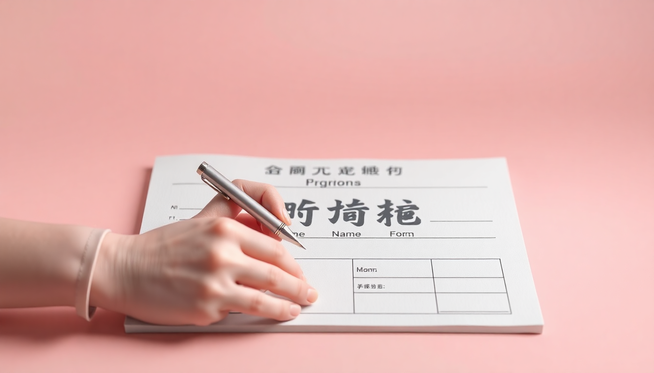 출생신고서 작성의 어려운 한자 이름 부분을 강조하여 펜을 든 손이 준비된 모습