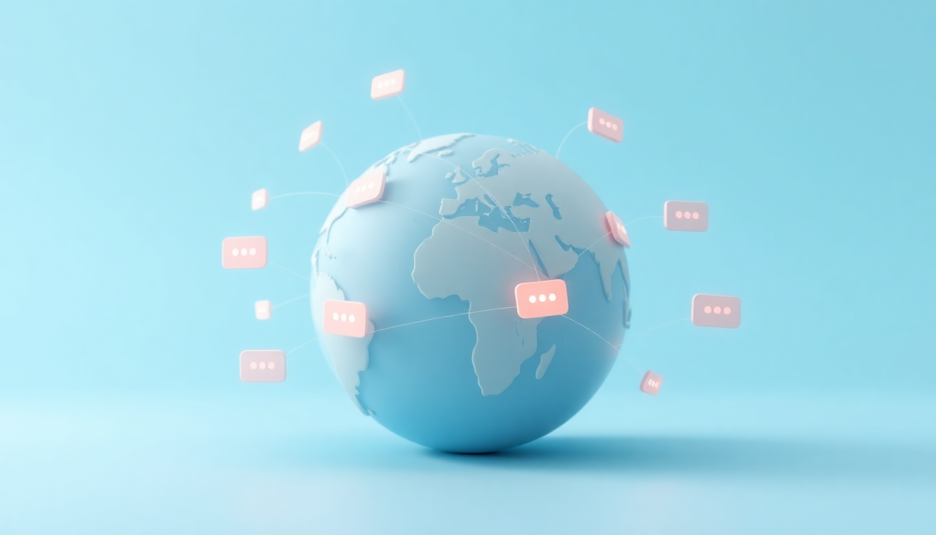 국제 SMS 발송과 관련된 텔레그램 SMS 요금 발생 원인을 구체적으로 보여주는 세계 지도와 연결선의 부드러운 3D 클레이 디자인 이미지