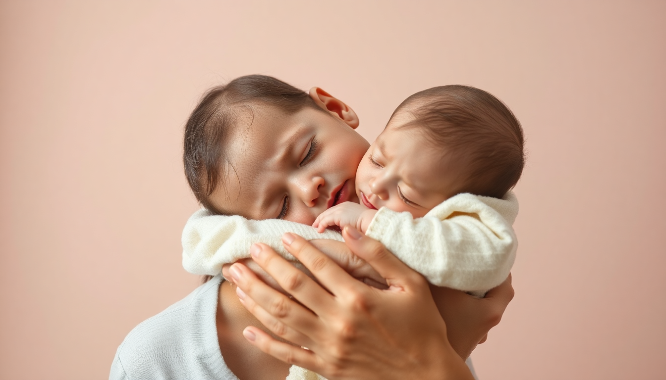 걱정하는 부모가 아기를 부드럽게 안고 있는 따뜻하고 세련된 이미지