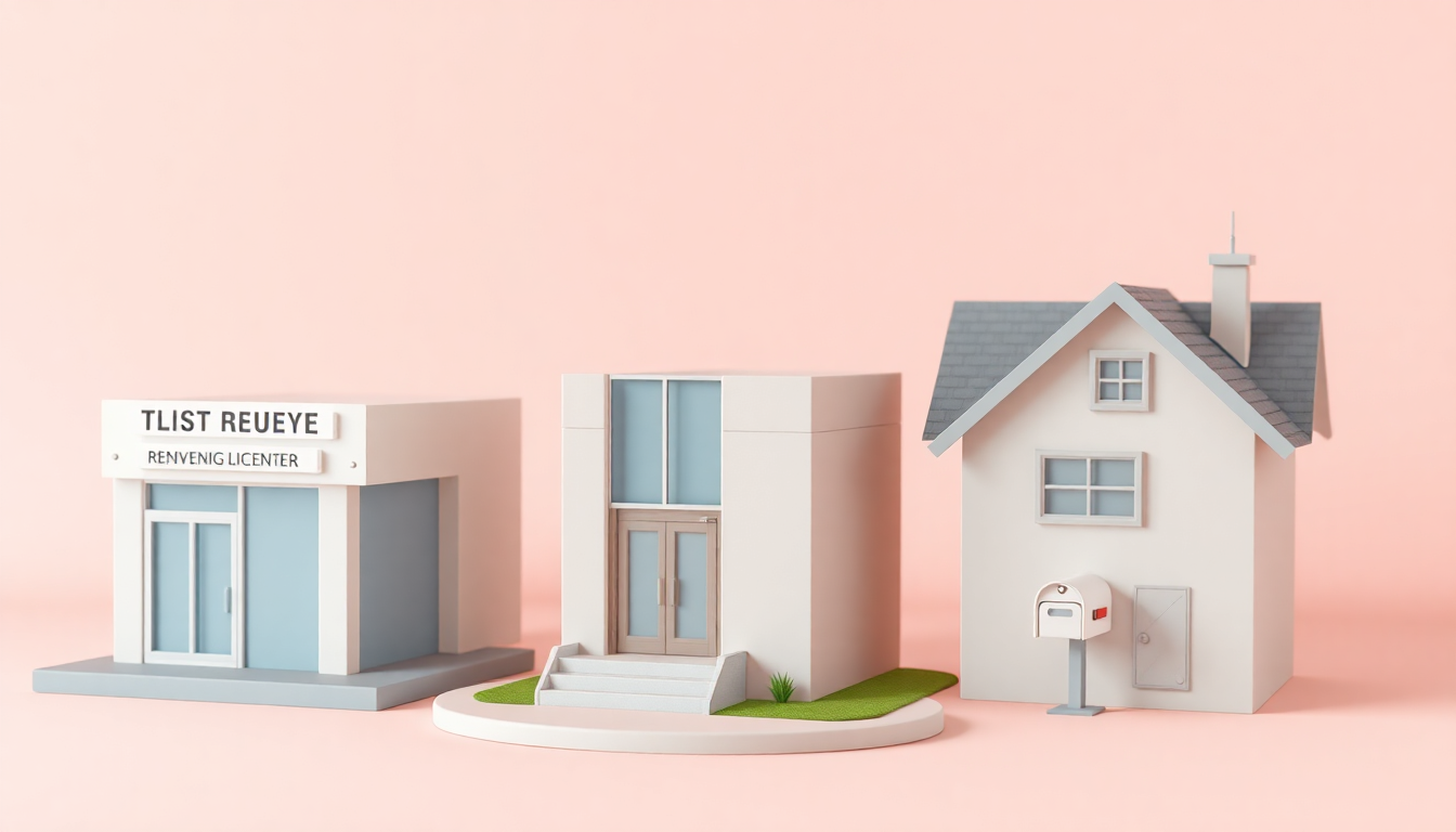 운전면허 갱신 장소인 운전면허시험장, 경찰서, 온라인 신청을 상징하는 집 우체통을 3D 클레이 스타일로 표현한 이미지