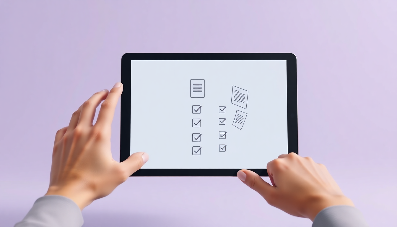 명절지원금 신청 절차와 서류 제출 과정을 나타내는 디지털 태블릿과 스캔된 서류들이 떠 있는 모습