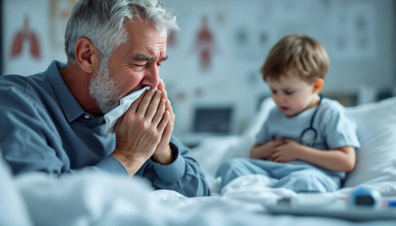 B형독감의 주요 증상과 합병증으로 기침, 인후통, 콧물, 소화기 증상을 겪는 사람들과 아이의 모습