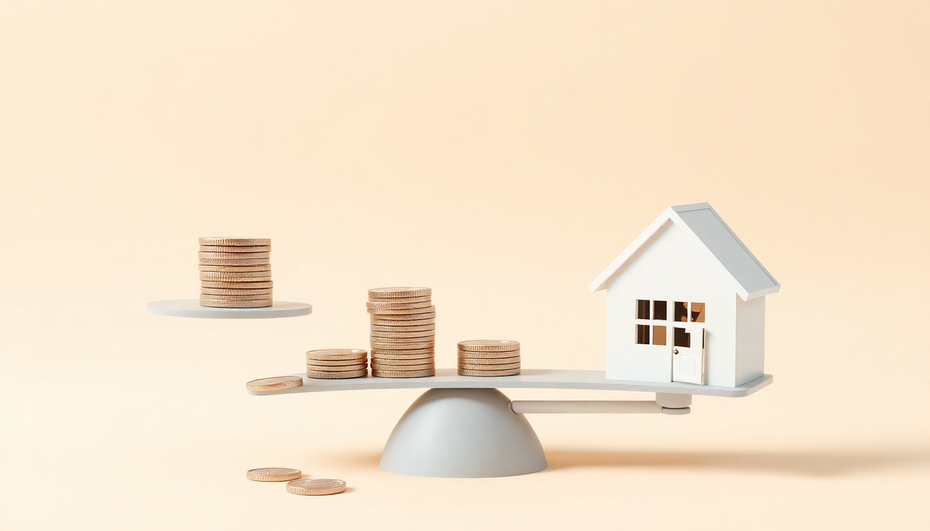 개인파산 신청 자격을 엄격히 심사하는 법원의 평가 과정을 잔돈과 녹아내리는 집 모형의 저울로 표현한 이미지