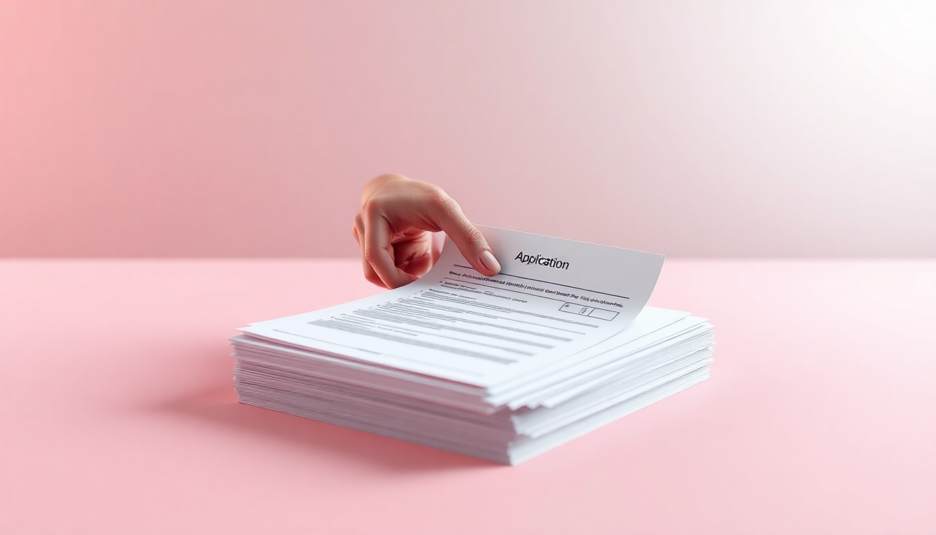 기초연금 수급 증명서 및 신청 방법을 나타내는 깔끔한 책상 위에 서류 뭉치를 제출하는 손을 표현한 부드러운 3D 매트 플라스틱 장면