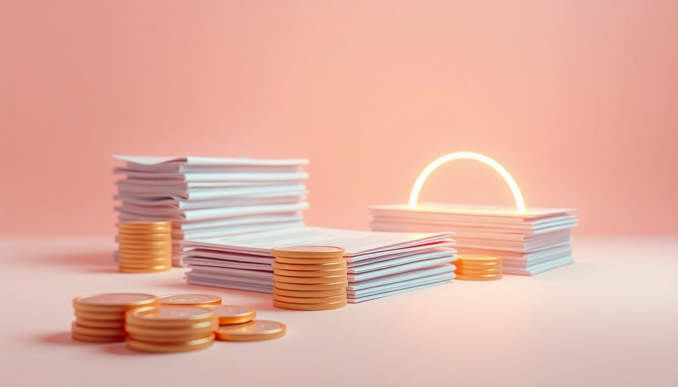 부양가족 소득 기준을 상징하는 부드럽고 세련된 3D 렌더링의 재무 기록과 코인 이미지