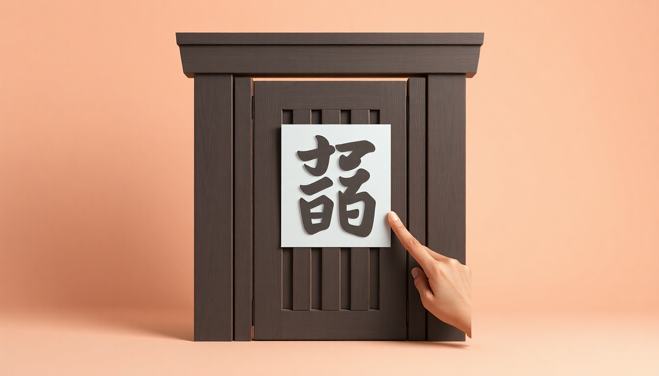 입춘첩을 정확한 시각에 집 대문에 비스듬히 붙이는 모습을 담은 현대적이고 미니멀한 3D 이미지