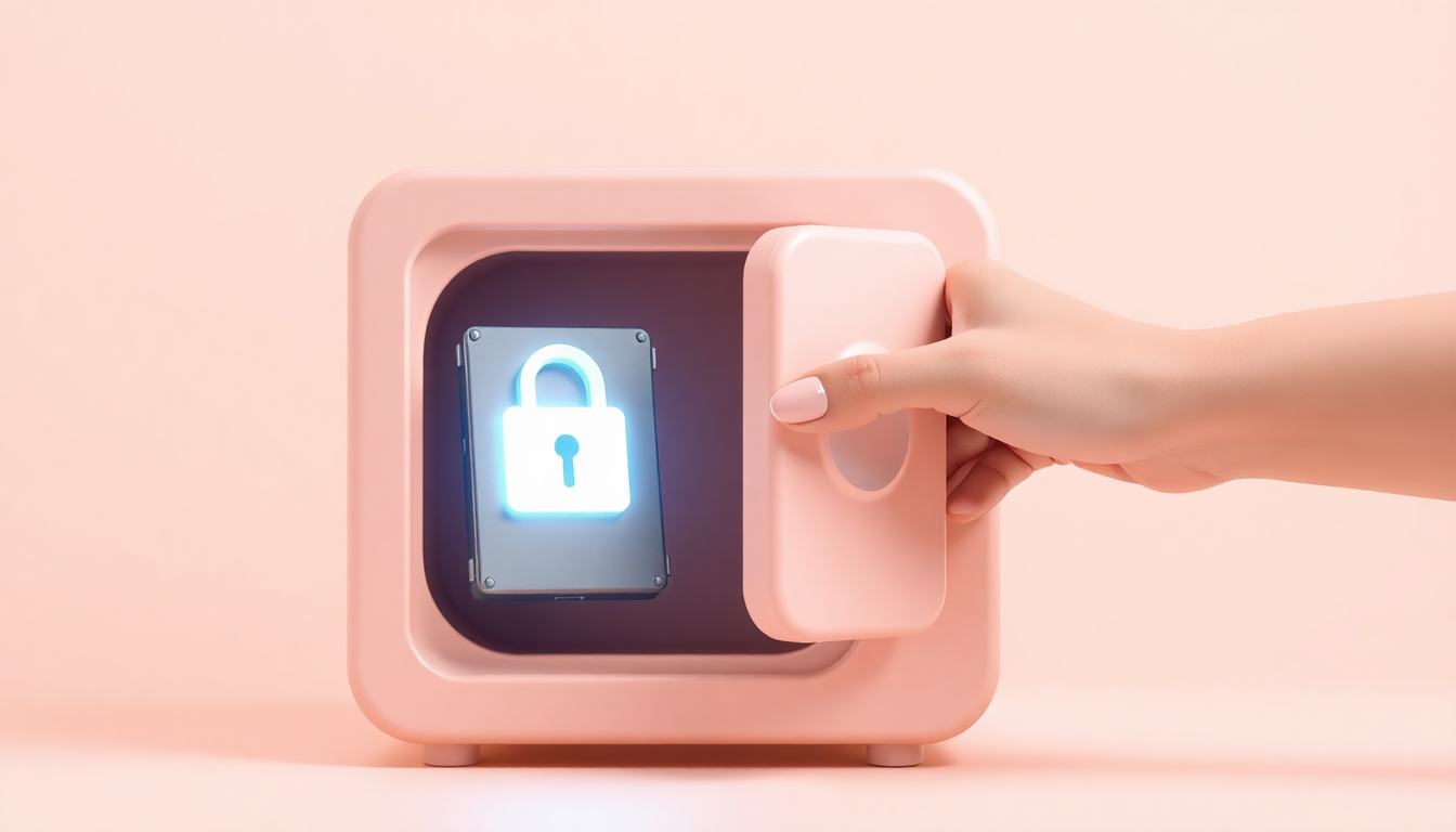 인스타 계정 삭제 전 필수 체크리스트 중 데이터 백업을 안전 금고에 하드드라이브를 넣는 장면으로 표현한 3D 이미지