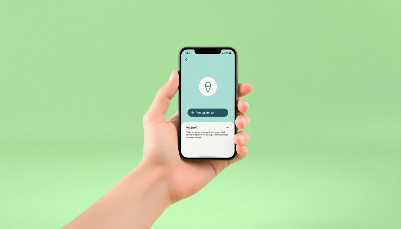 스마트폰을 손에 든 모습과 화면에 공항 수령 지점이 강조된 앱이 표시된 미니멀하고 부드러운 점토 질감의 3D 이미지