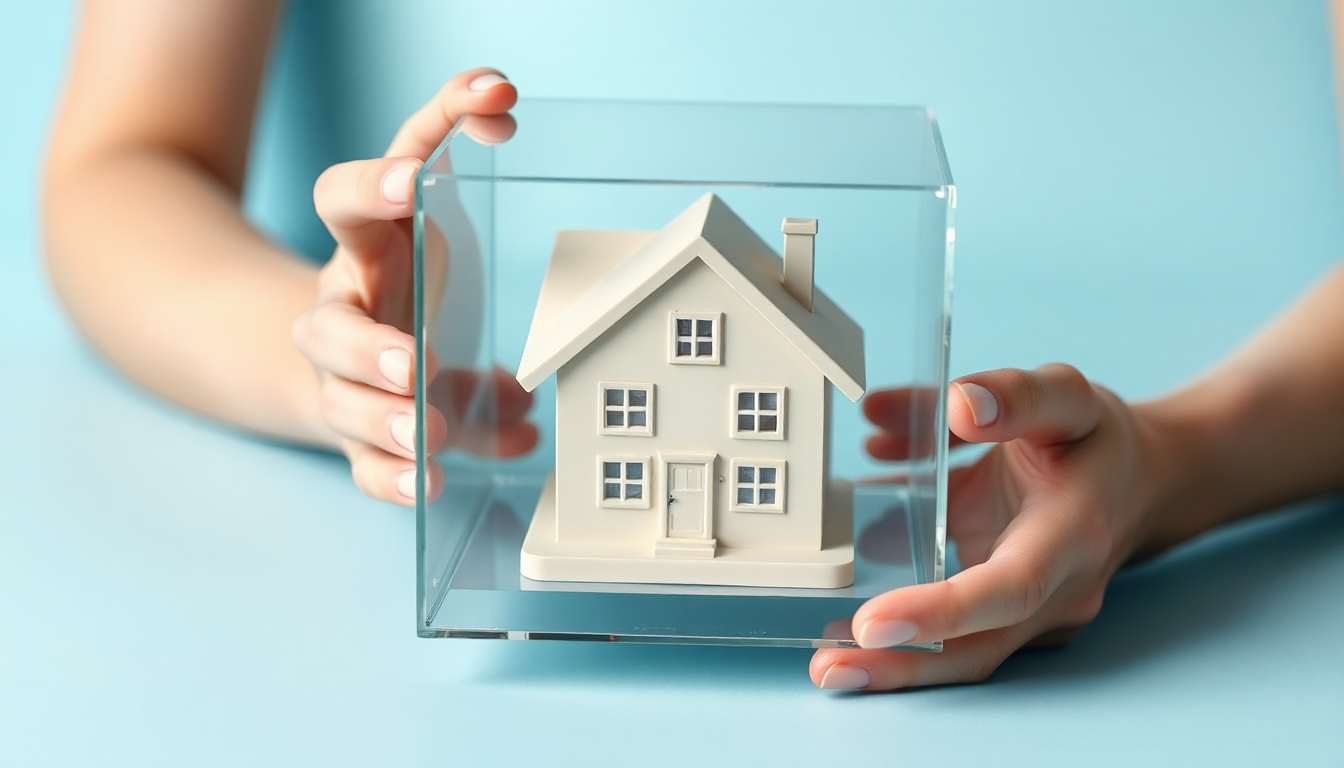 중도 해지 가능 원칙을 나타내는 투명한 유리 상자 안에 섬세한 집 모형을 두 손이 부드럽게 감싸고 있는 모습