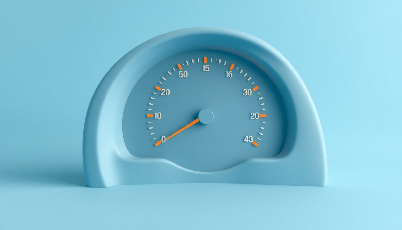 급감속을 나타내는 자동차 계기판 속 속도계 바늘이 급격히 떨어지는 모습의 부드러운 3D 클레이 렌더링 이미지