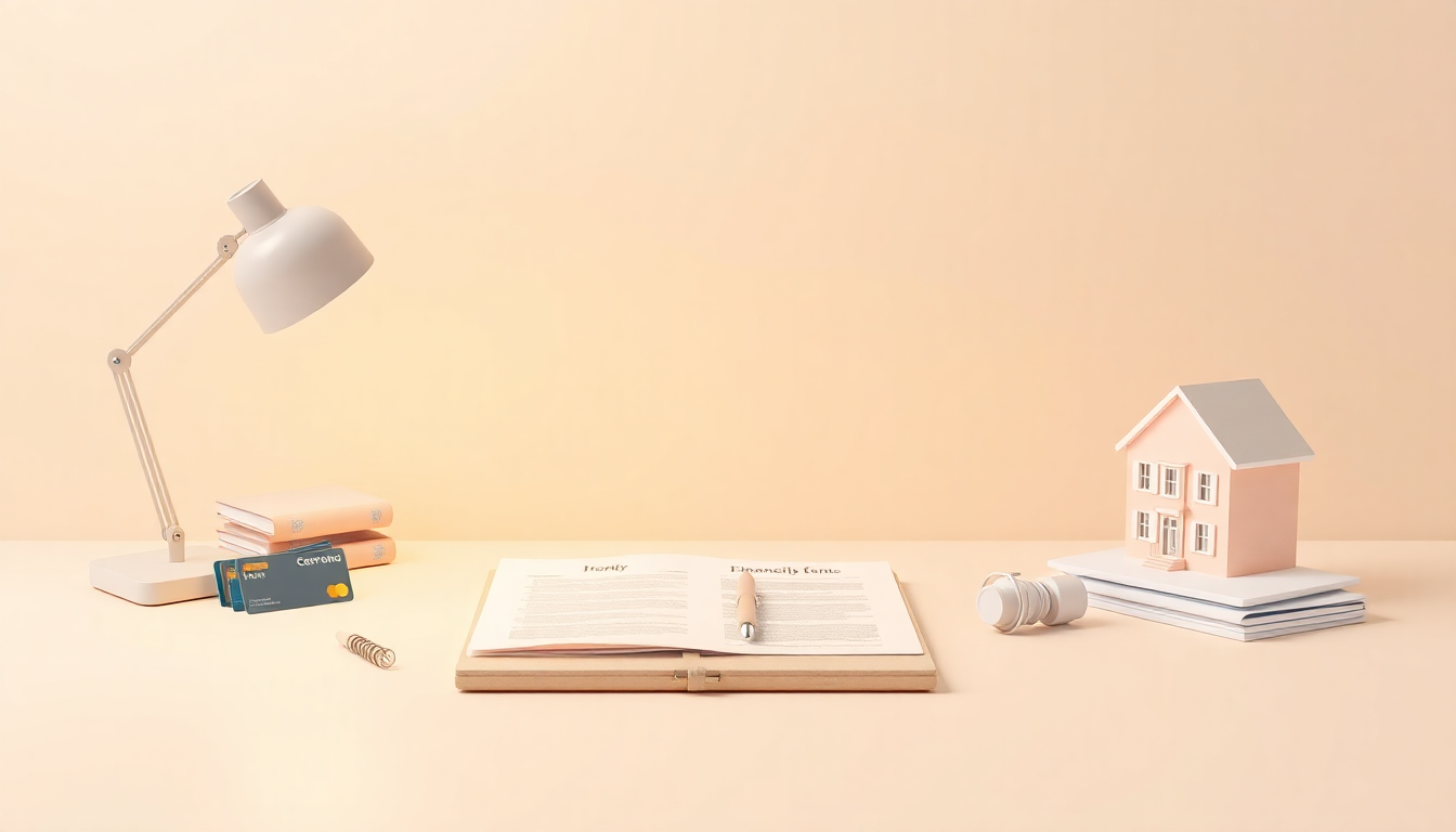 2025 연말정산 대비 전략을 상징하는 신용카드, 연금저축 서류, 주택자금 관련 물건들이 정돈된 책상 위에 배치된 3D 매트 플라스틱 스타일 이미지