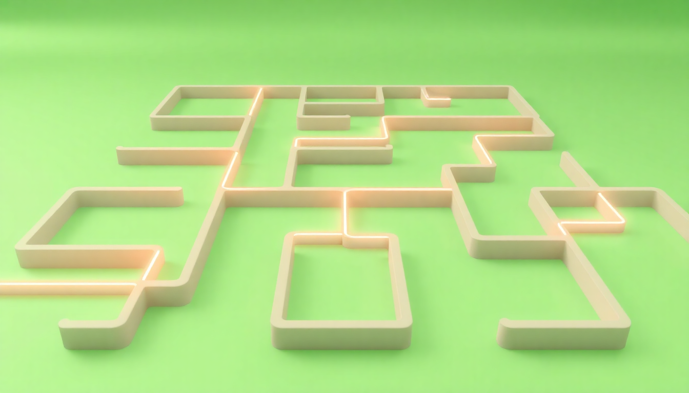 아이폰, 갤럭시 모바일과 PC 웹에서 각기 다른 경로로 민감한 콘텐츠 표시 메뉴에 접근하는 단계별 탐색 경로를 나타내는 3D 매트 플라스틱 미로