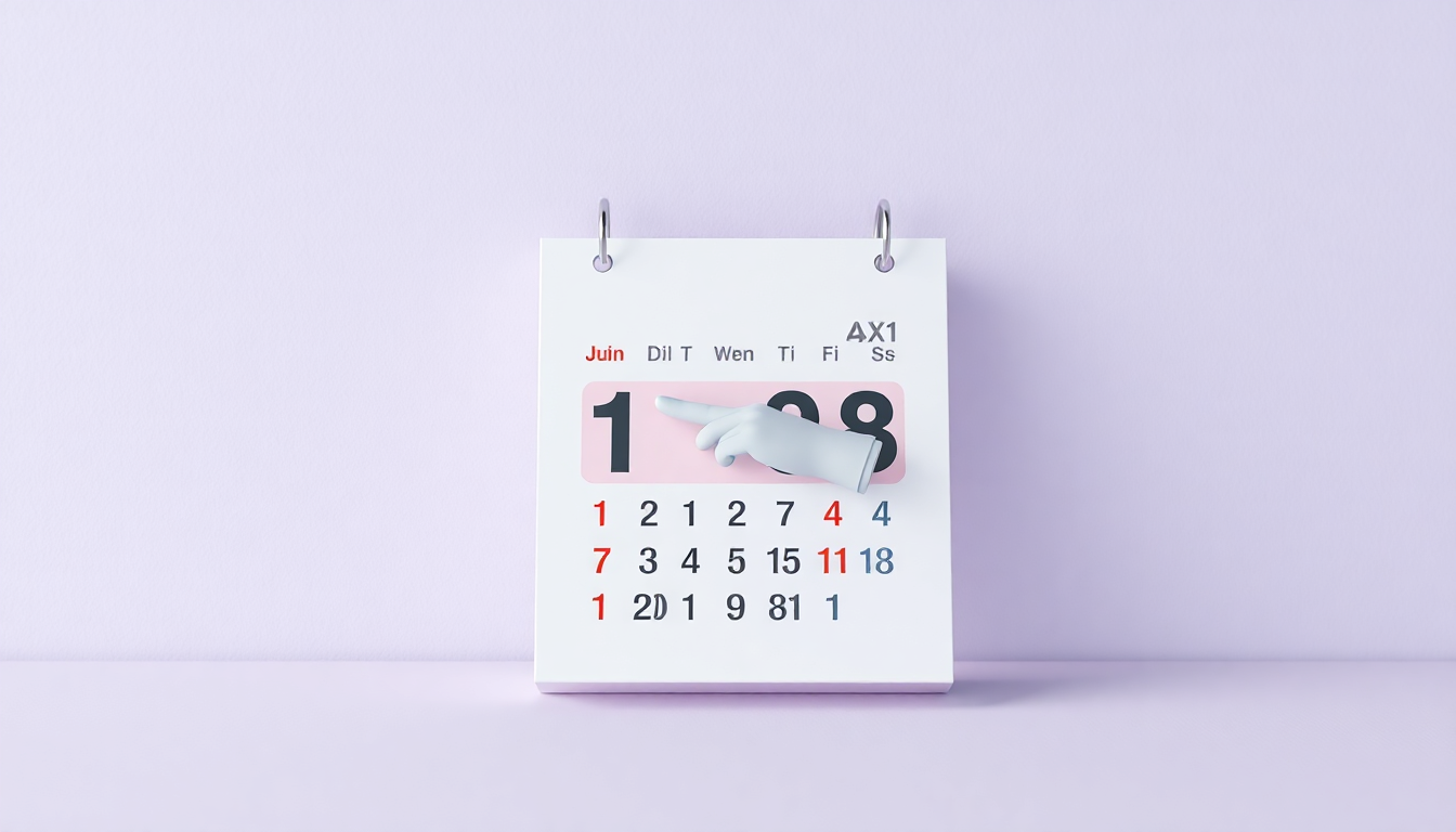 성인 나이 확인을 위해 생년월일이 표시된 달력을 손가락으로 가리키는 미니멀한 3D 이미지