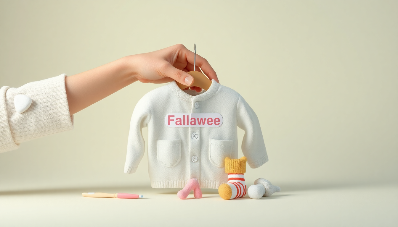 준비물 자주 묻는 질문에 따른 네임스티커를 옷과 어린이 물품에 정성스럽게 부착하는 손의 모습