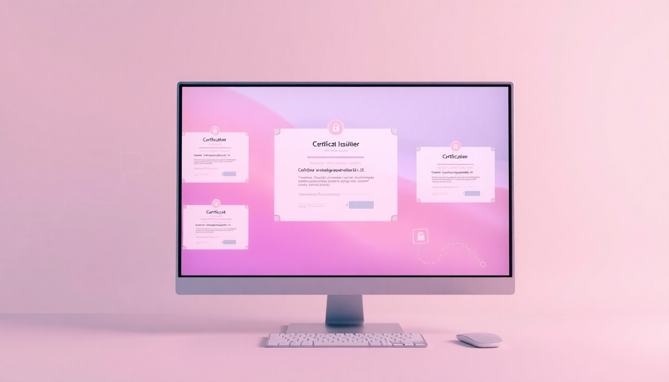 PC 화면에서 공동인증서 발급 절차와 보안 아이콘이 은은하게 빛나는 모습을 나타낸 매트 플라스틱 질감의 3D 렌더링